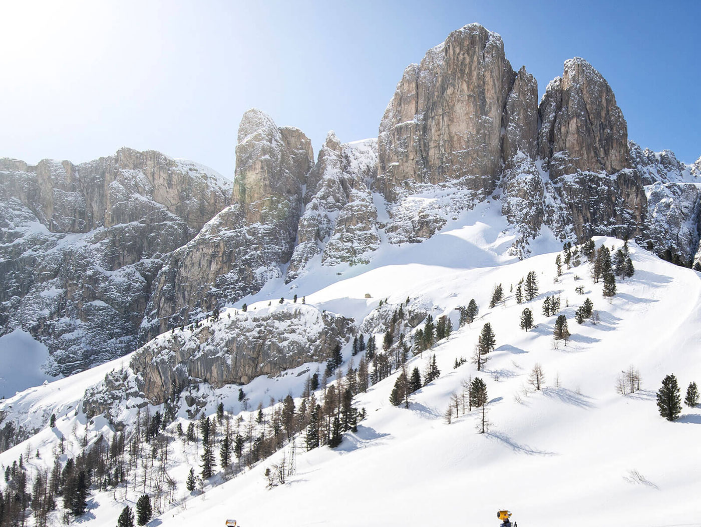L'area sciistica di Helm con le Tre Cime e gli alberi innevati sullo sfondo - ScuolaSci Sesto